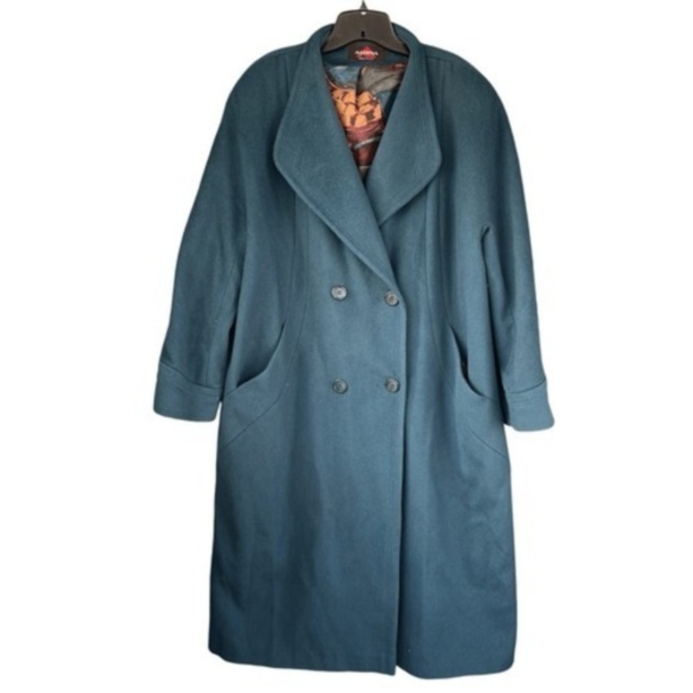 Vintage 80s Alorna Oversized Wool Blend Coat Teal Blue Double Breasted USA‎